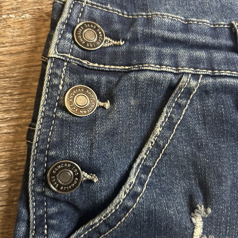 KanCan Women's Sz M Blue Denim Distressed Overall Shorts Romper Stretch Pockets - Picture 10 of 14